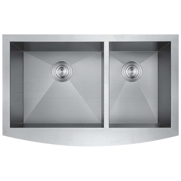 482-0254 Belleville  33" x 21" 60/40 Double Bowl R15 Radius Under-Mount Curved Apron Front Farm Sink