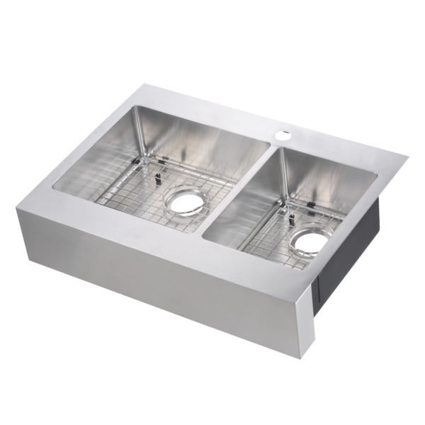 482-6933 Brimley Retrofit 33" x 24" 60/40 Double Bowl R15 Radius Dual-Mount Flat Apron Front Farm Sink